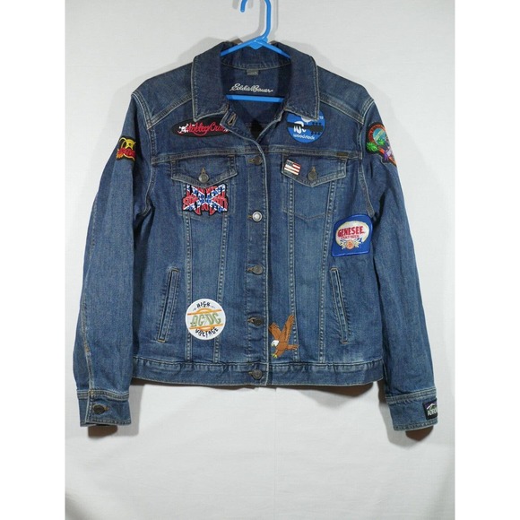 Eddie Bauer Jackets & Blazers - Eddie Bauer Denim Jean Jacket Patches Women XL Biker Bike Week Bands Beer